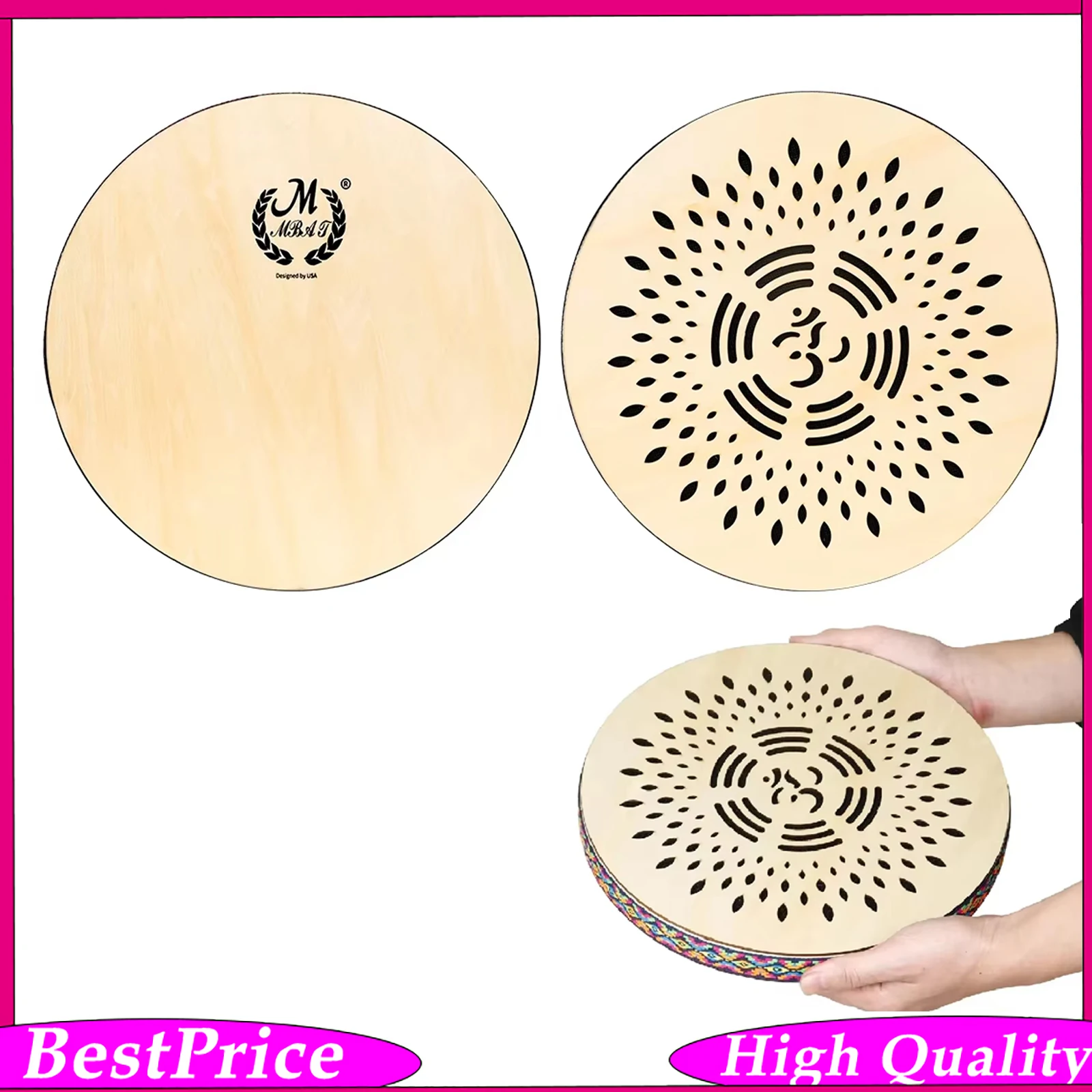 12 Inch Solid Wood Stream Drum Hand Carved Rain Falls Pattern Woven Trim Sea Wave Sound Musical Instrument for Yoga Relaxation