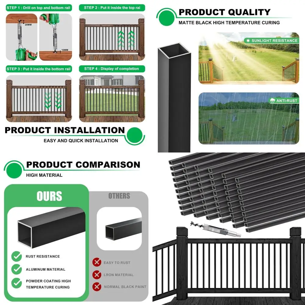 36-Inch Black Aluminum Square Deck Balusters, 3/4 Thick, 60 Pack for Railing and Staircase Support