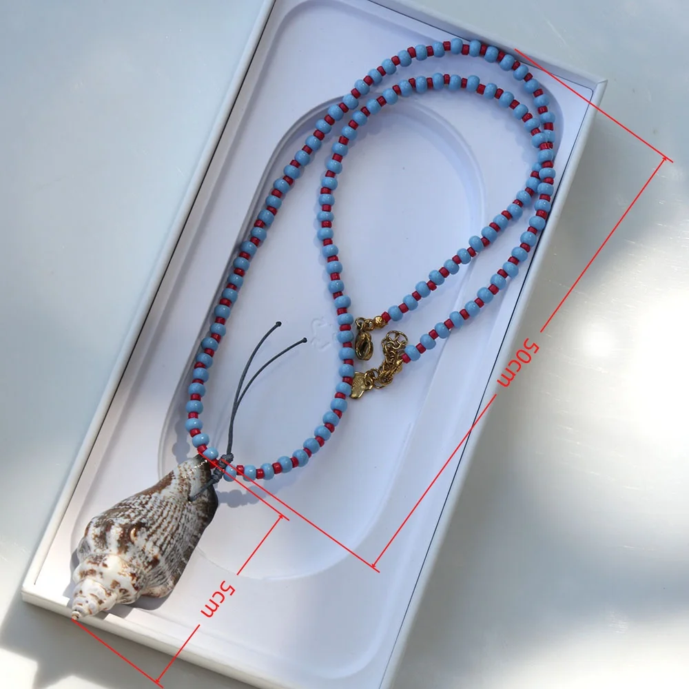 Bohemian style simple daily accessories long Glass seed beaded chain necklace natural conch white jade fish and flower pendant