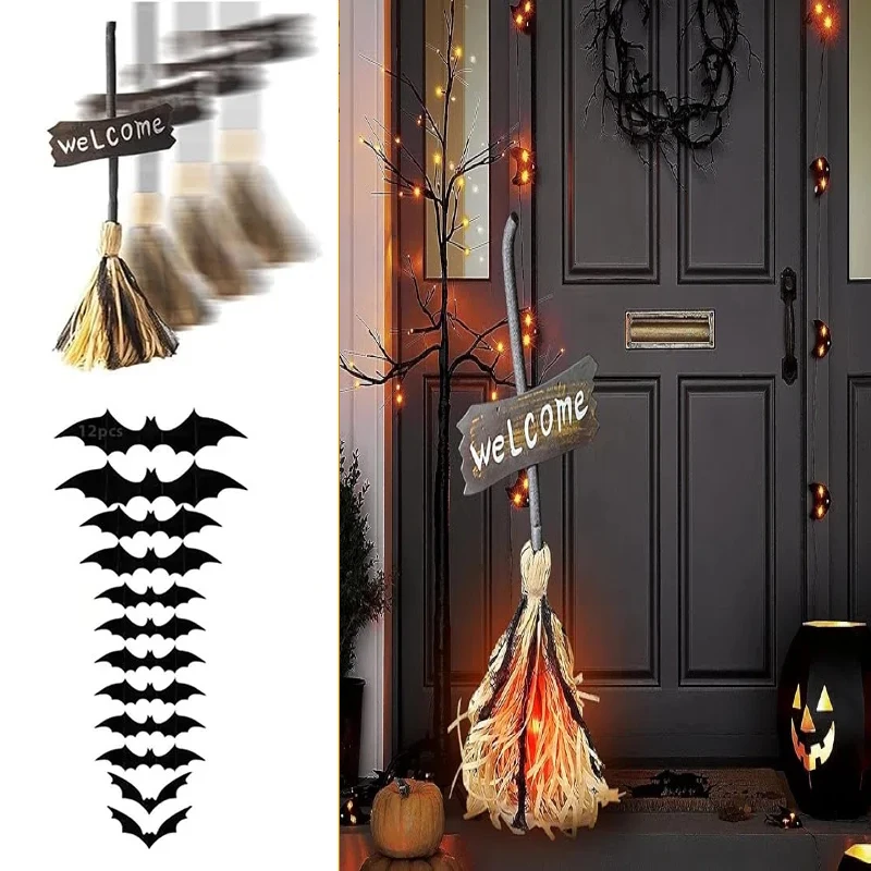 Halloween Glow Removeable Magic Broom Witch Haunted House Bar Ornaments Props With Sound Electric Broom With Welcome Denoter