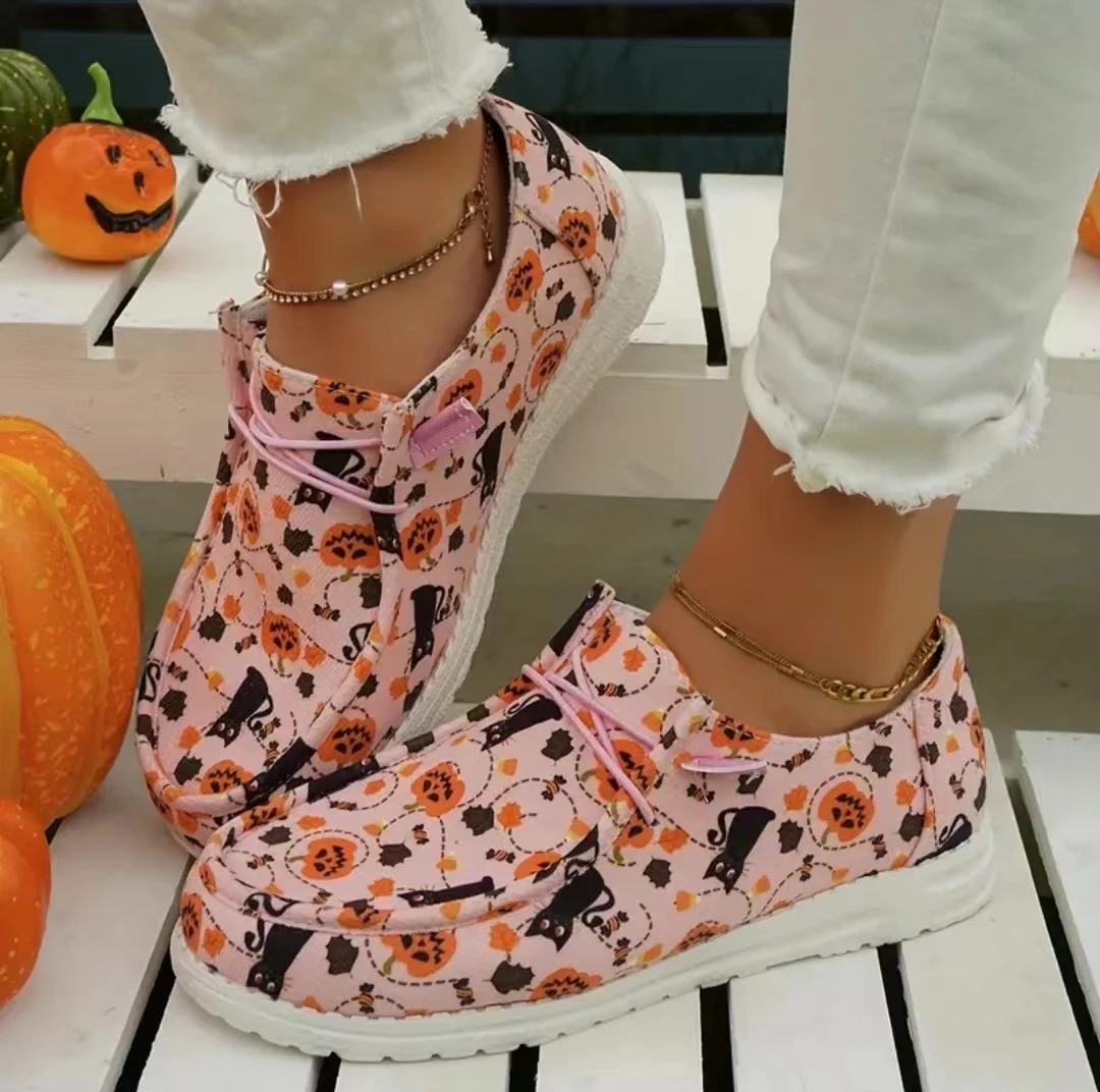 

Женские декоративные парусиновые туфли на плоской подошве с принтом, весенне-осенняя модная повседневная обувь больших размеров с цветочным принтом и круглой головкой на шнуровке