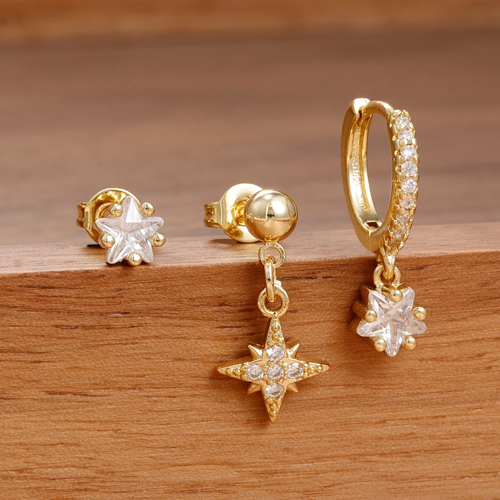 3PCS Exquisite Star Pendant Piercing Earrings Set For Women Stainless Steel Zircon Punk Ear Stud Earring Lady Jewelry Gift
