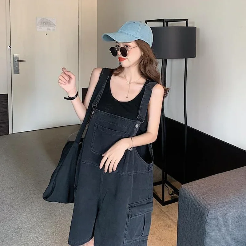 Black Playsuits Women Denim Loose Pockets Wide Leg All-match Korean Style Leisure Ulzzang Female Overalls Popular Trendy Chic