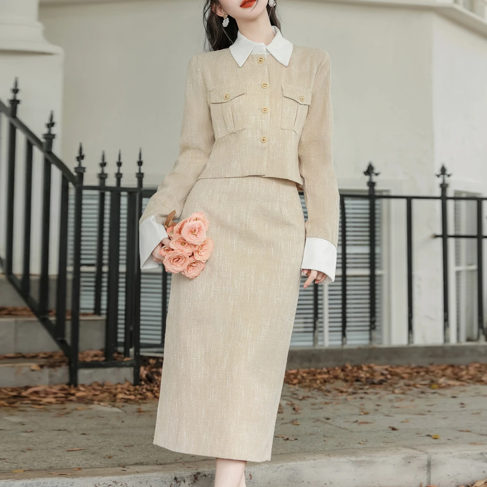 

Spring Autumn Chic Sets For Women Outfits Korean Casual Turn-down Slim Short Coats And High Waist Pencil Skirts Two Piece Sets