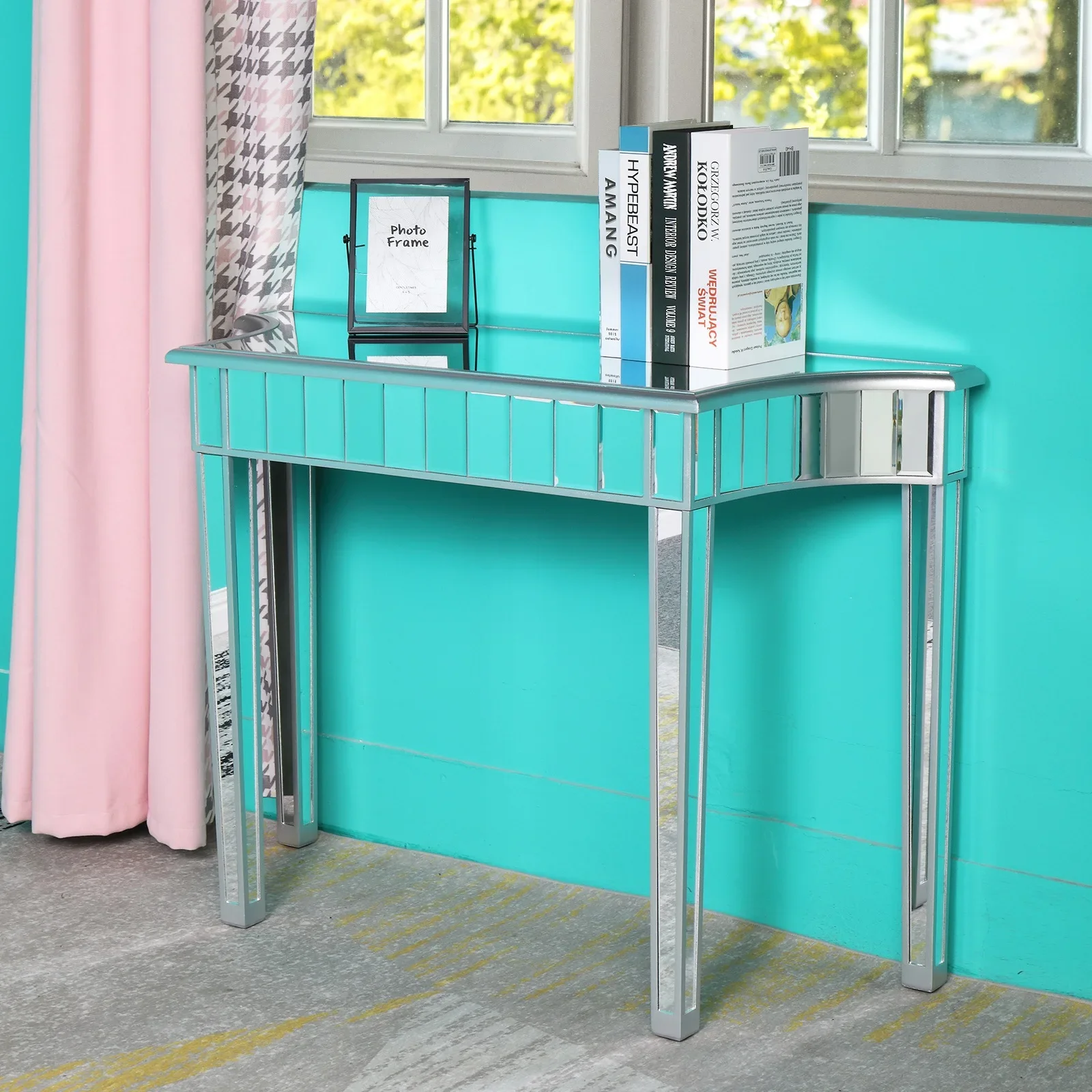 Light luxury silver mirror wall table living room household vase ornament storage table study storage desk