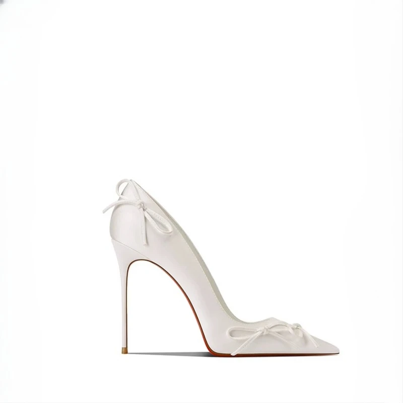 New Xiaoxiangfeng White Shallow Mouth High Heels for Women, Pointed and Fine Heels, Butterfly Knot, Non tiring Single Shoes