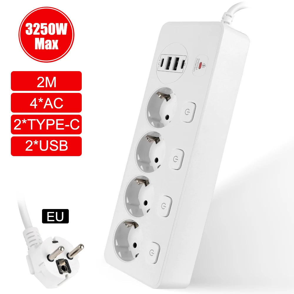 2m Cord 3250W Independent Switch Power Strip Charging Adapter Electrical Extension Socket 2-USB 2-Type C EU Plug 4 Way Outlets