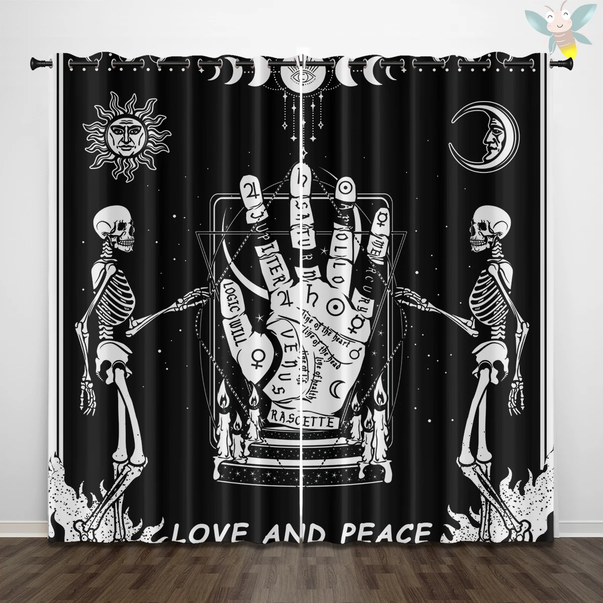 Gothic Occult Skeleton Blackout Curtains - Palmistry Tarot Moon Phase Window Drapes with Love and Peace Print for Bedroom Decor