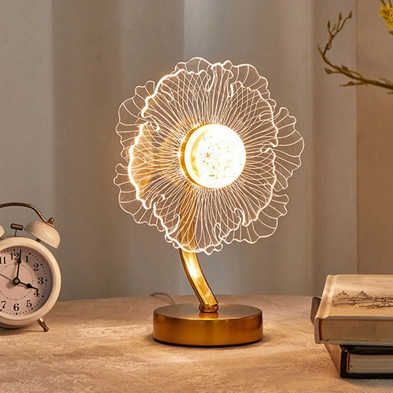 Lámpara de mesa de girasol acrílica creativa, luz Led decorativa de ambiente para dormitorio, USB, gran oferta