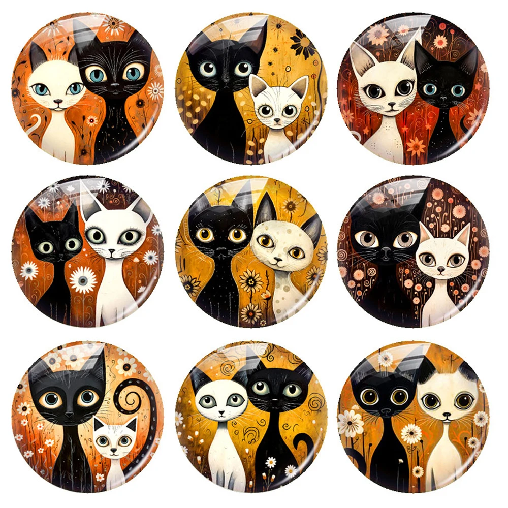 Handmade Cute Couple Cats Flower Animals Photo Glass Cabochon Charms Demo Flat Back Cameo For Diy Jewelry Making Finding