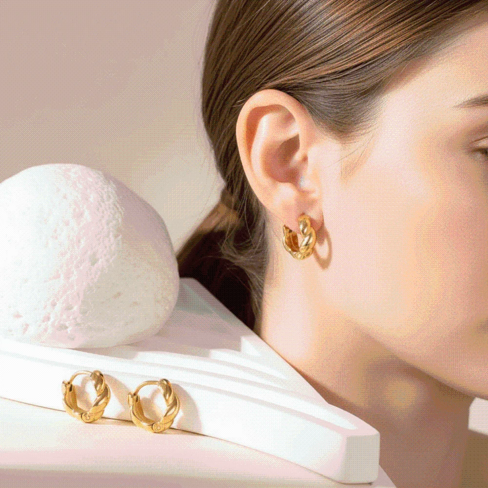 1 pair 18K PVD Gold Plated Twisted Mini Huggies Water-Resistant Coating Snap-Post Closure Minimalist Croissant Studs