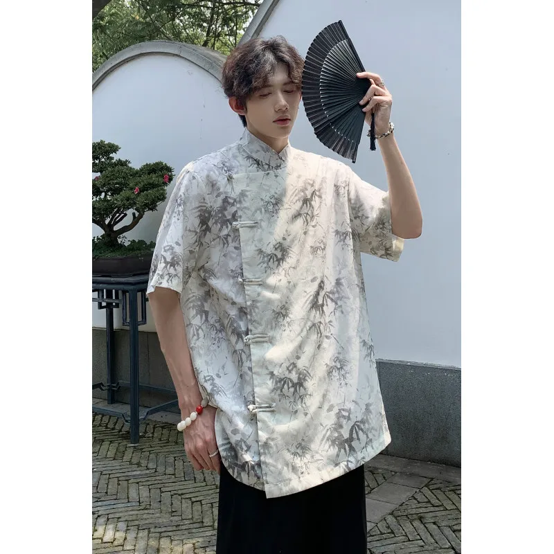 M-5XL Plus Size Men\'s Kung Fu Shirt Chinese Type Traditional Tang Suit Tai Chi Blouse Short Sleeve Shirts Summer Streetwear Top