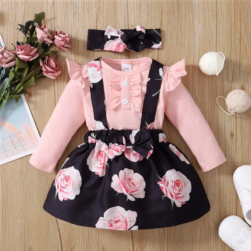 3PCS Baby Girl Dress Set Long Sleeves Bodysuit+Rose Floral Suspender Skirt+Headband Fashion Outfits for Toddlers 0-18 Months