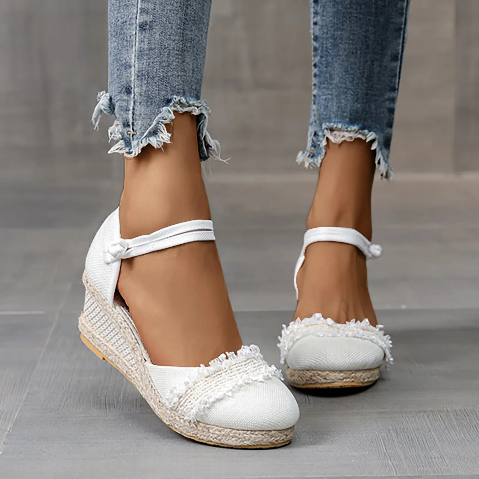 

Women Summer Weave Wedges Breathable Non Slip Elastic Band Round Toe Sandals Comfortable Fuzzy Sandals with Strap for Women