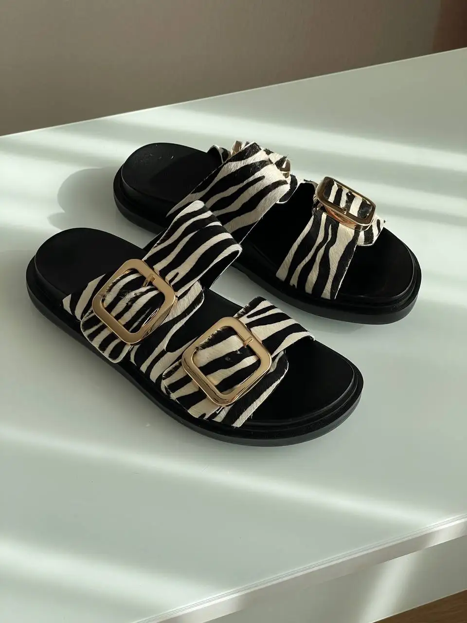 Meotina ZA INS Women Genuine Leather Sandals Platform Flat Slides Buckle Ladies Striped Design Casual Slippers Summer Shoes 40