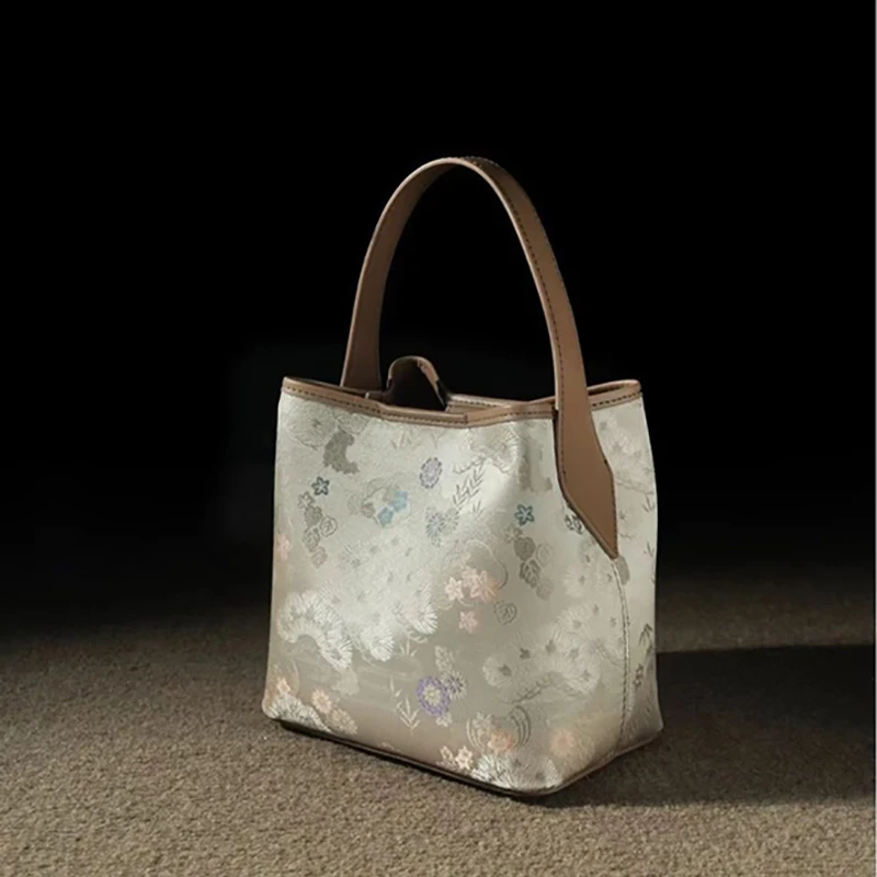 

3pcs Crossbody Bags Women Silk Chinese National Printing Bucket Shaped Handbag