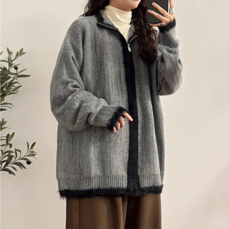 الأمريكية الرجعية المتخصصة سستة تصميم المتناقضة اللون سترة متماسكة سترة سترة الرجال والنساء الخريف أزياء العلامة التجارية الأعلى #2