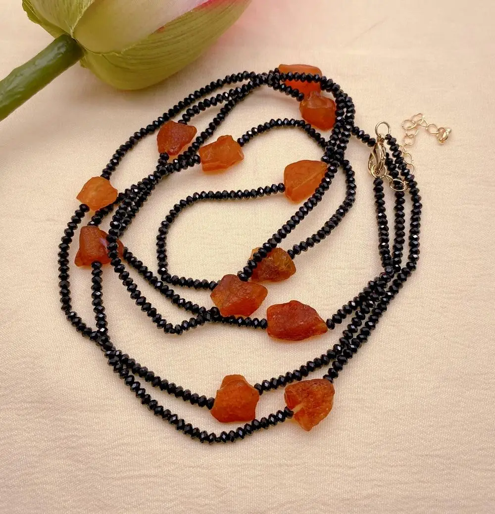 

yygem Natural 2x4mm Black Faceted Spinel 10x15mm Orange Amber Rough Freeform Long Necklace 47"