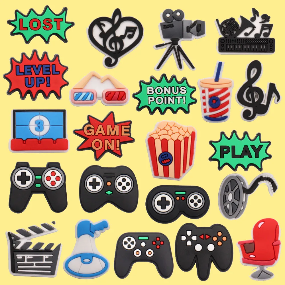 50pcs Wholesale Cartoon Popcorn Game Handle Shoe Buckle Charms for Sandals PVC Clogs Decoration Kids Unisex Gifts