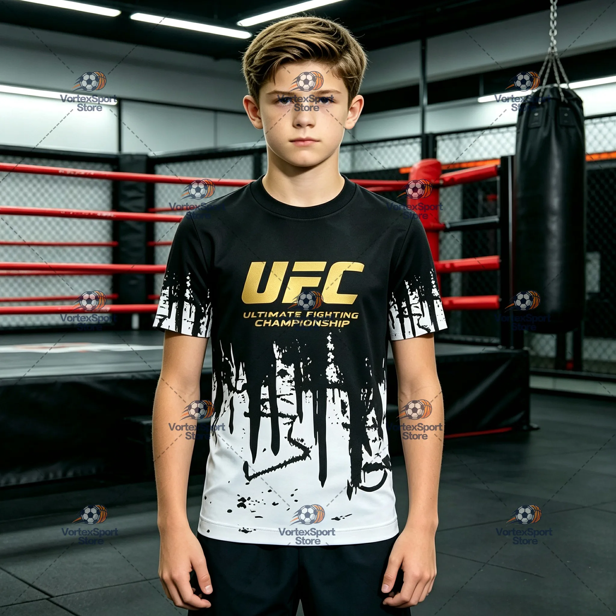 Herren- und Kinder-Sommer-T-Shirt für UFC-Sportarten, schnelltrocknend, in allen Größen erhältlich, kurzärmelig, mit Rundhalsausschnitt, geeignet für Boxen, Kampfsport und Outdoor-Training. – Detail 3
