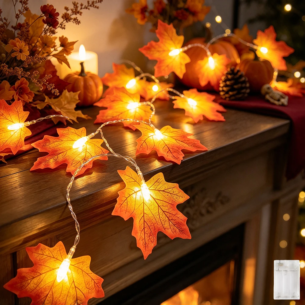 2pcs 3.1m/122in Fake Maple Leaf String Lights, 20 LED Fall Leaf Garland for Thanksgiving,Autumn Harvest Party Indoor Lighting