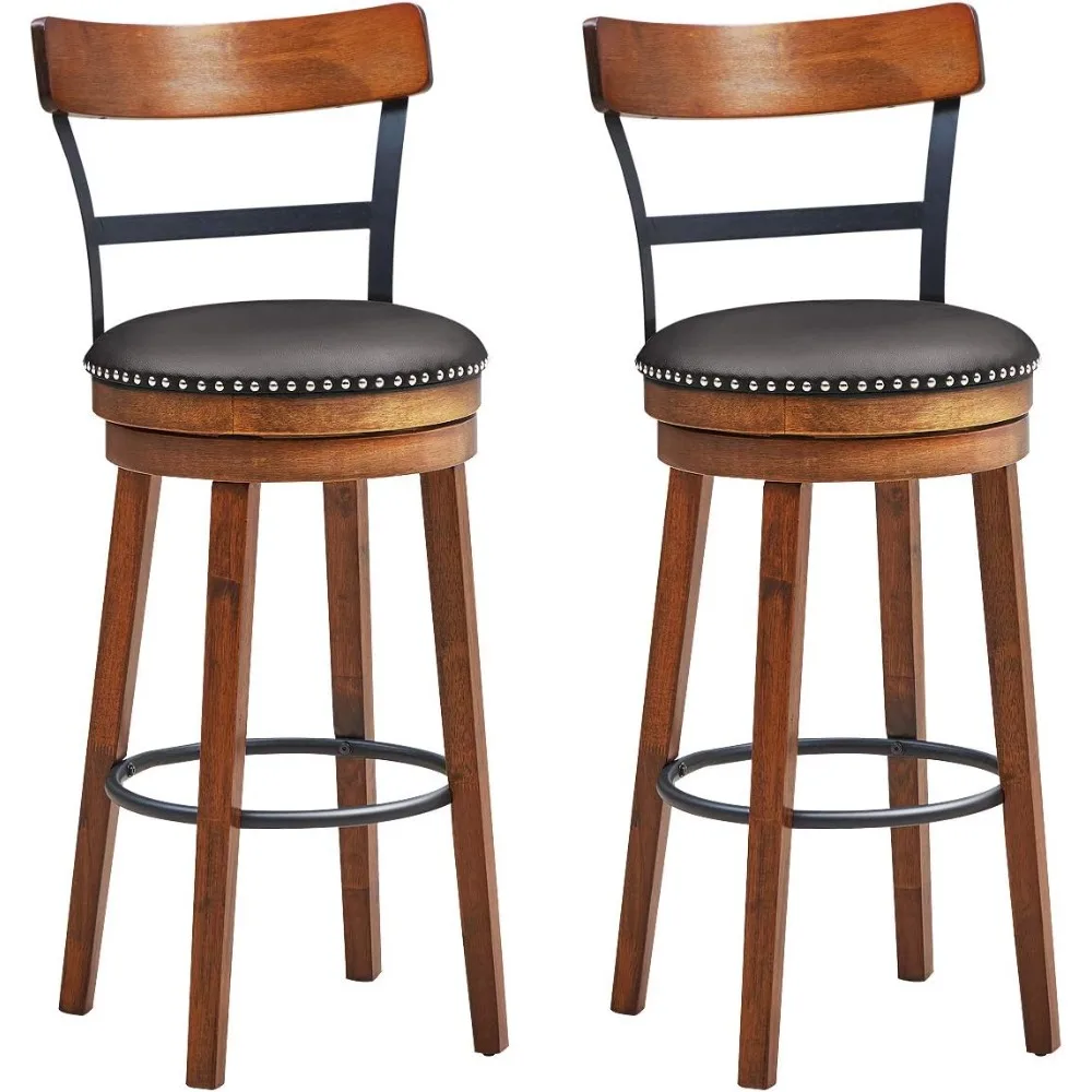 Bar Stools Set of 2, 360-Degree Swivel Stools with Leather Padded Seat, Single Slat Ladder Back & Solid Rubber Wood Legs