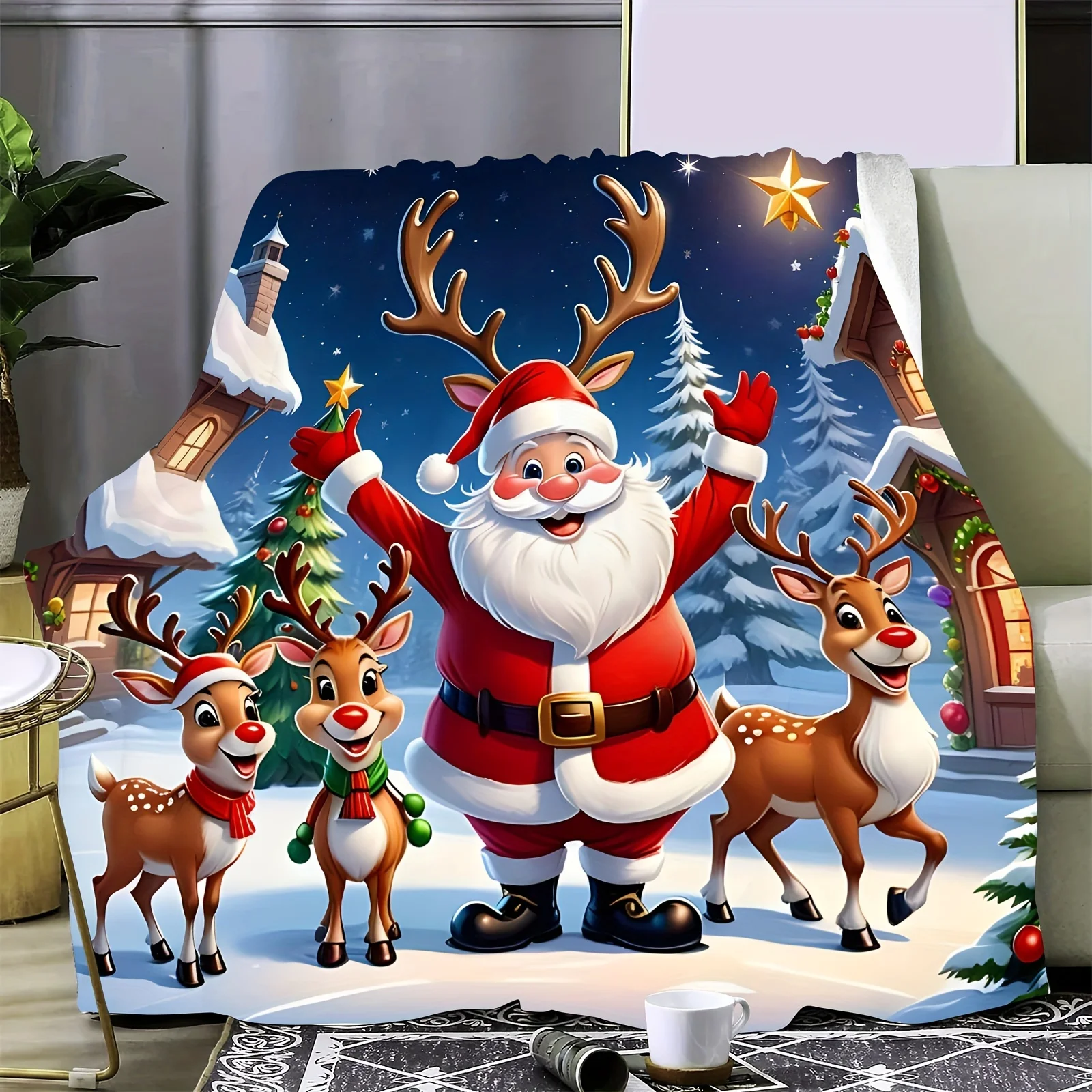 Santa Claus Reindeer Snowy Night Fairy Tale Scene Throw Blanket for Living Room Classic Holiday Print Blanket Accent