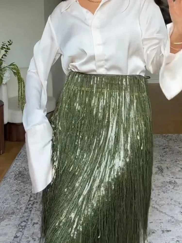 Women Casual Long Sleeve Party Skirt Outfits Elegant Sequined Long Skirt 2Pc Suit Fashion Lapel Button Shirt & Fringed Skirt Set