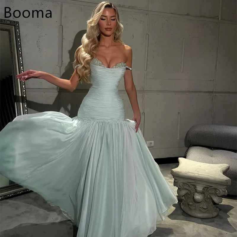 

Booma Off The Shoulder Shiny A-Line Sleeveless Long Evening Dresses Formal Party Gowns for Women Prom Gown Customize