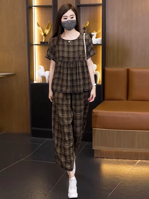 

Authentic Summer 2026 Plaid Cotton Linen Wide Leg Pants Two Piece Set Slimming Large Size Fashionable Women's Ensemble