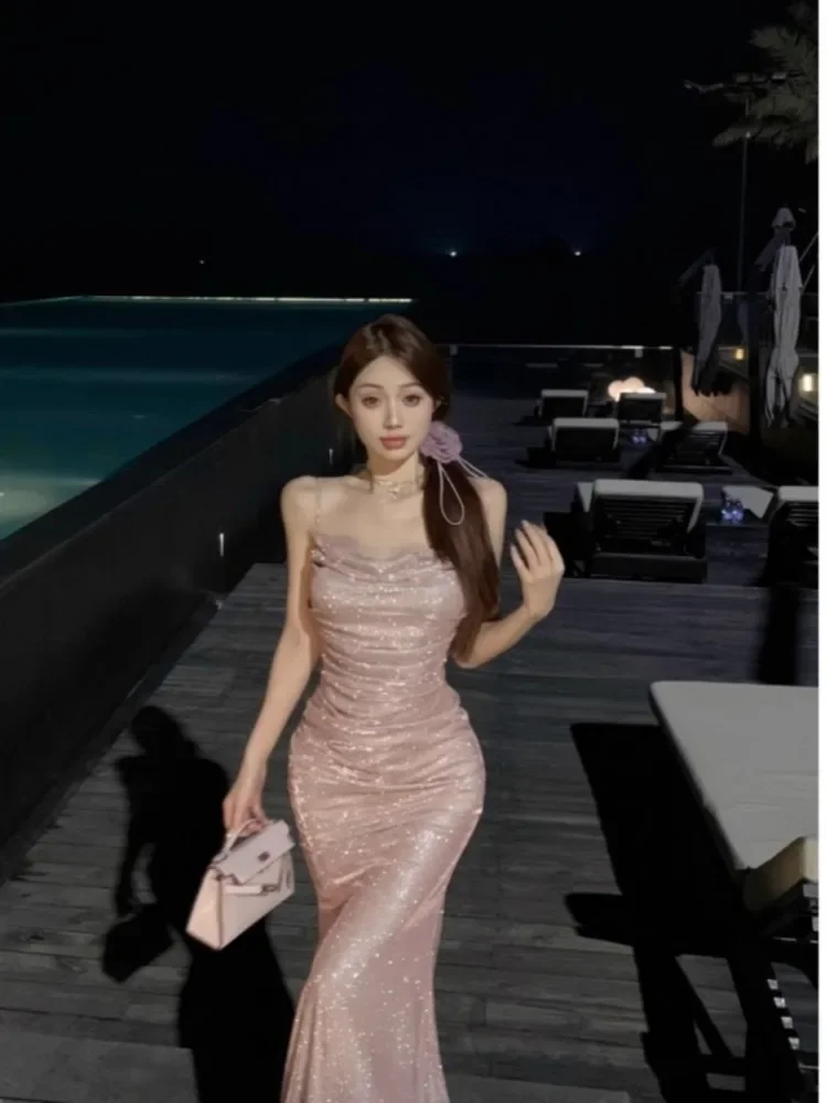 Kimotimo Evening Dress Women French Style Swinging Collar Shiny Sequin Folds Waist Slim Fishtail Long Dresses Temperament Summer