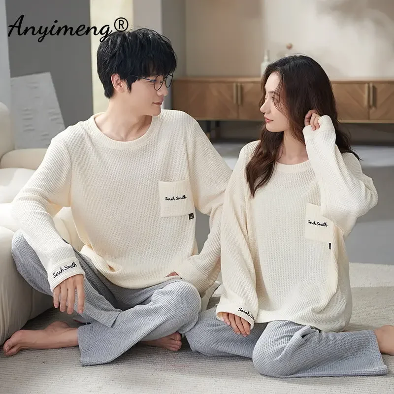 Spring Autumn His and Hers Pajamas New Fashion Nightwear Long Sleeved Stripe Printing Waffle Cotton Couple Pijama Sleepwear