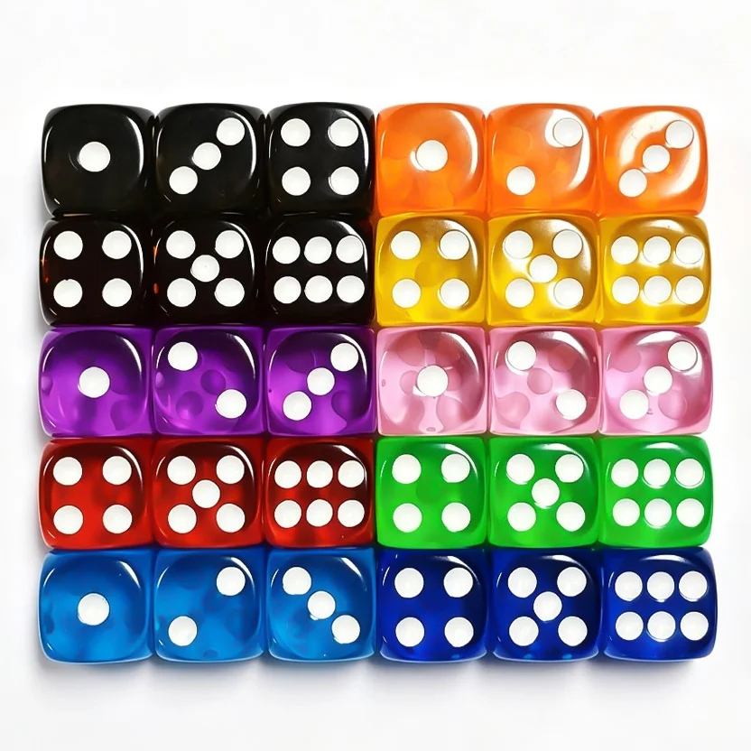 12Pcs Transparent Multi-color Optional Dot 16MM Acrylic Material Dice for DND RPG Board Tabletop Games Dice Kids Party Game Dice