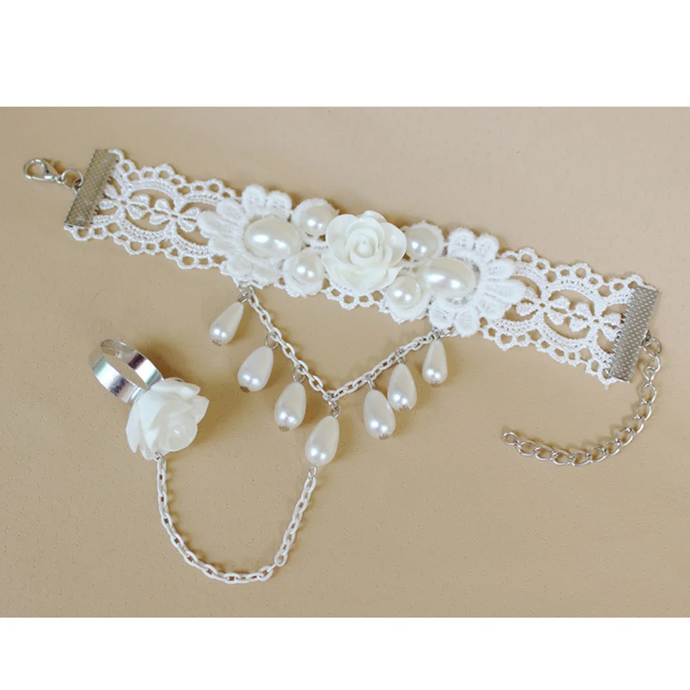 

Pearl Lace Bracelet with Finger Ring Style Women's Fashion Alloy Bangle Wristband Elegant Jewelry Gift for Her Anniversary