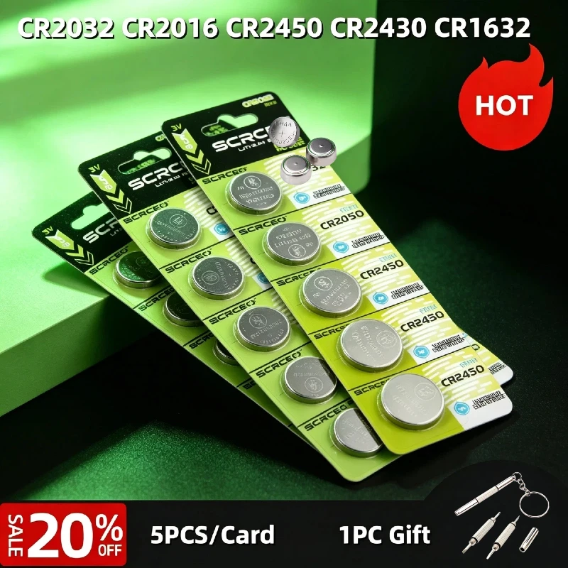 

Набор из 5 литиевых батареек различных размеров: CR2032, CR2016, CR2450, CR2430, CR1632, 3В, высокая емкость 600 мАч, для пультов дистанционного управления и автомобильных ключей