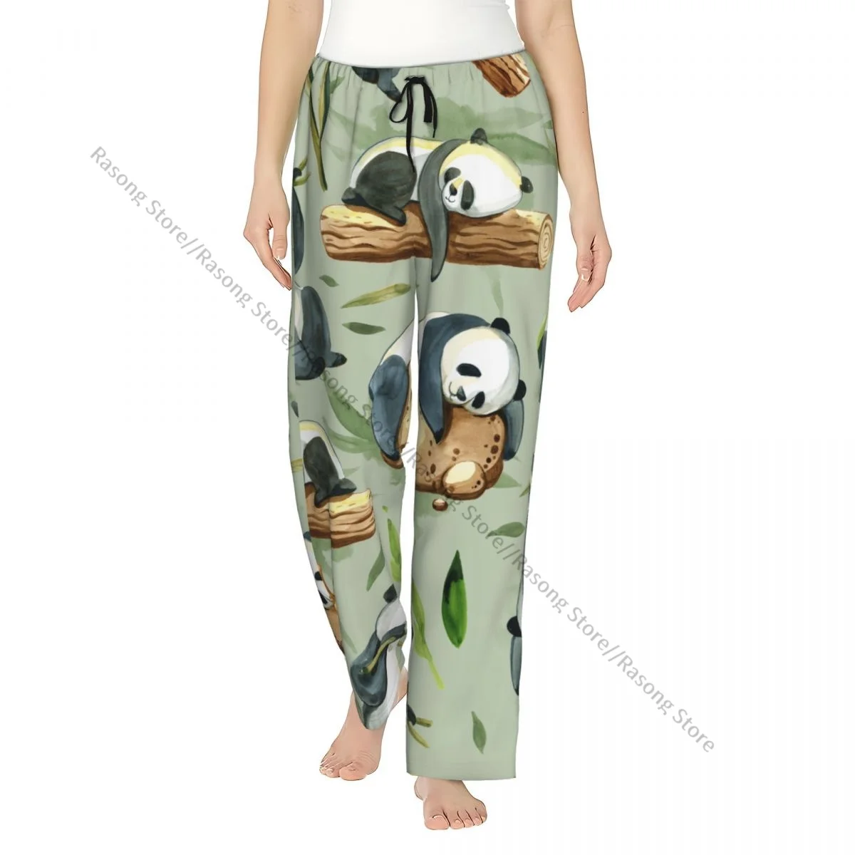 

Женские фланелевые брюки для отдыха, мягкая акварельная панда с каменным зеленым всплеском и листьями, пижамные штаны, зимняя одежда для сна