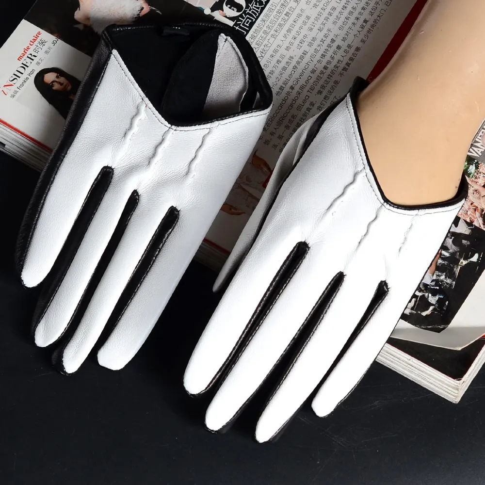 New Women\'s Ladies Real Leather Autumn Winter Versatile Leather Half Palm Punk&Rock Wrist White Short Gloves