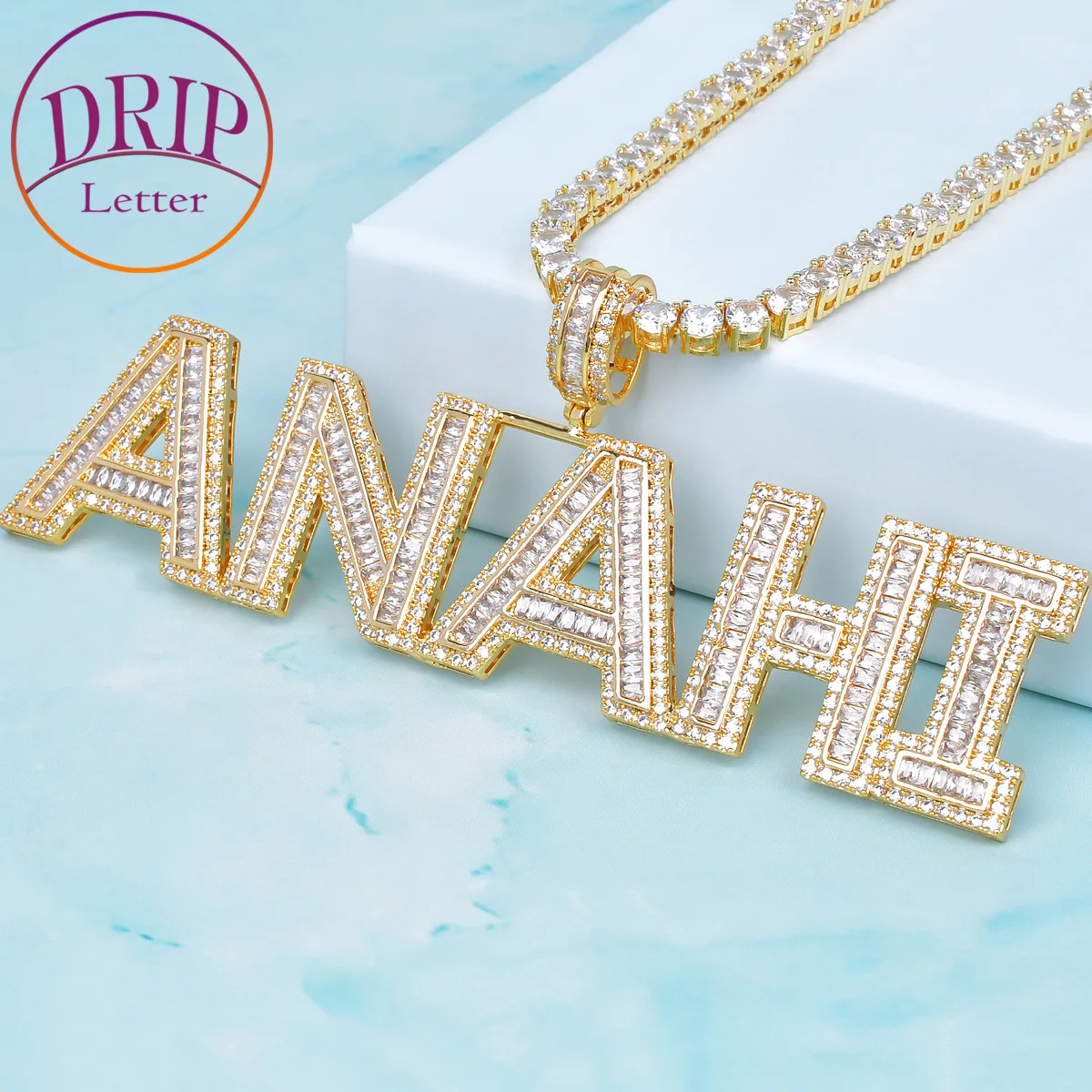 Drip Letter Custom Name Necklace for Men Baguette Font Personalized Pendant Charms Hip Hop Real Gold Plated Fashion Jewelry