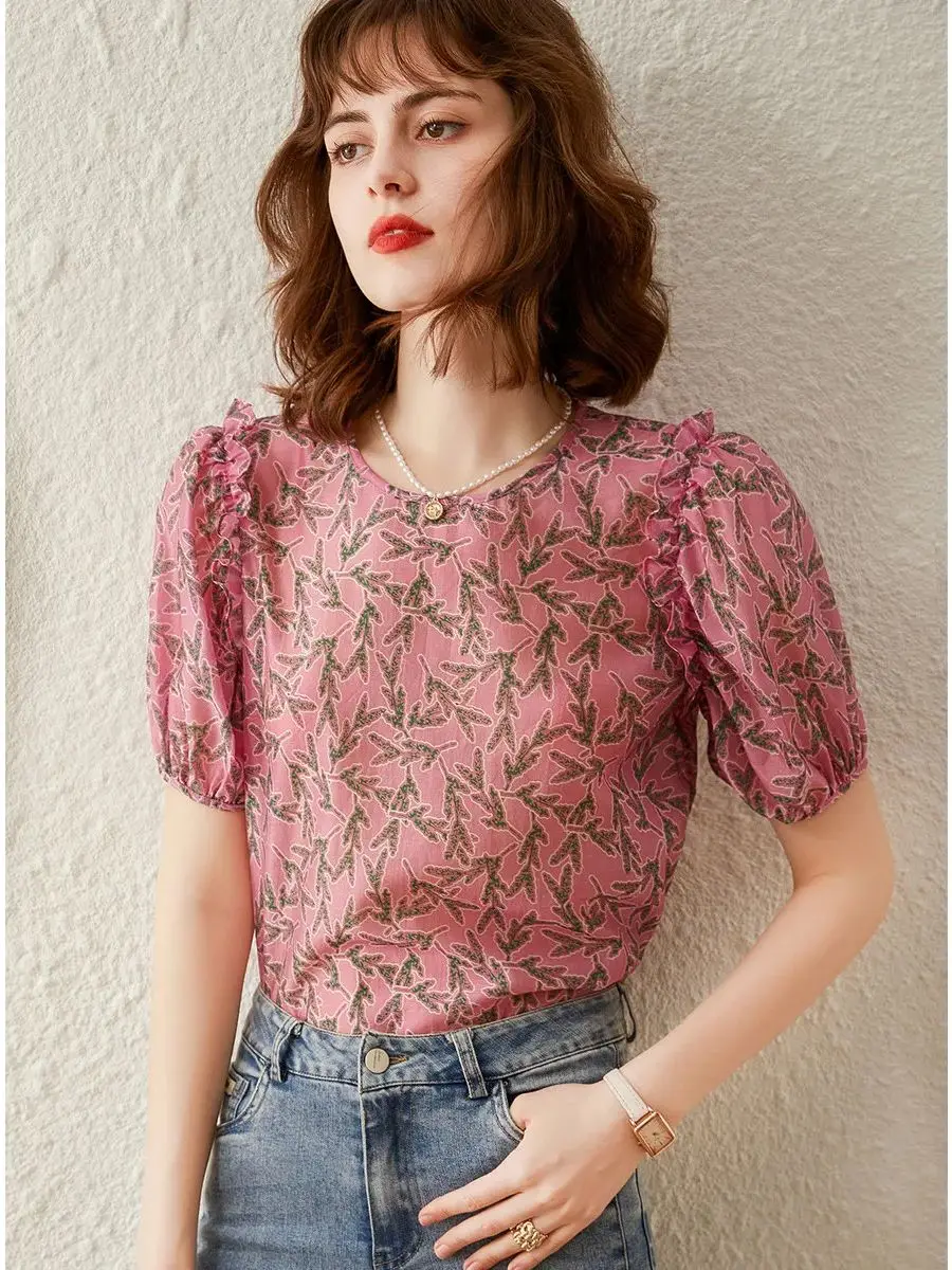 LOUIS YAO Women Shirt 2024 Summer Round Neck Short Sleeve Print Puff Sleeve Fashionable Loose Pullover Blouses Women Top