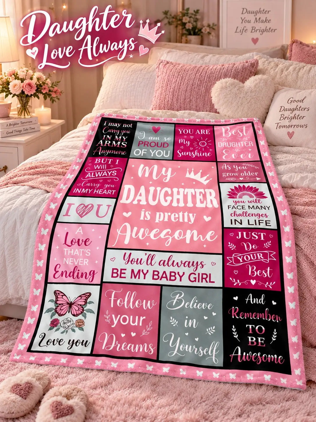 Daughter Flannel Blankets & Throws Heart Affirmation Quotes Gift From Mom for Birthday Christmas Thanksgiving Halloween Anniversary Holiday Sofa Bed Couch Nap Travel Reading Bedroom Living Room Home Decor Family Graduation Party Dorm Office Camping