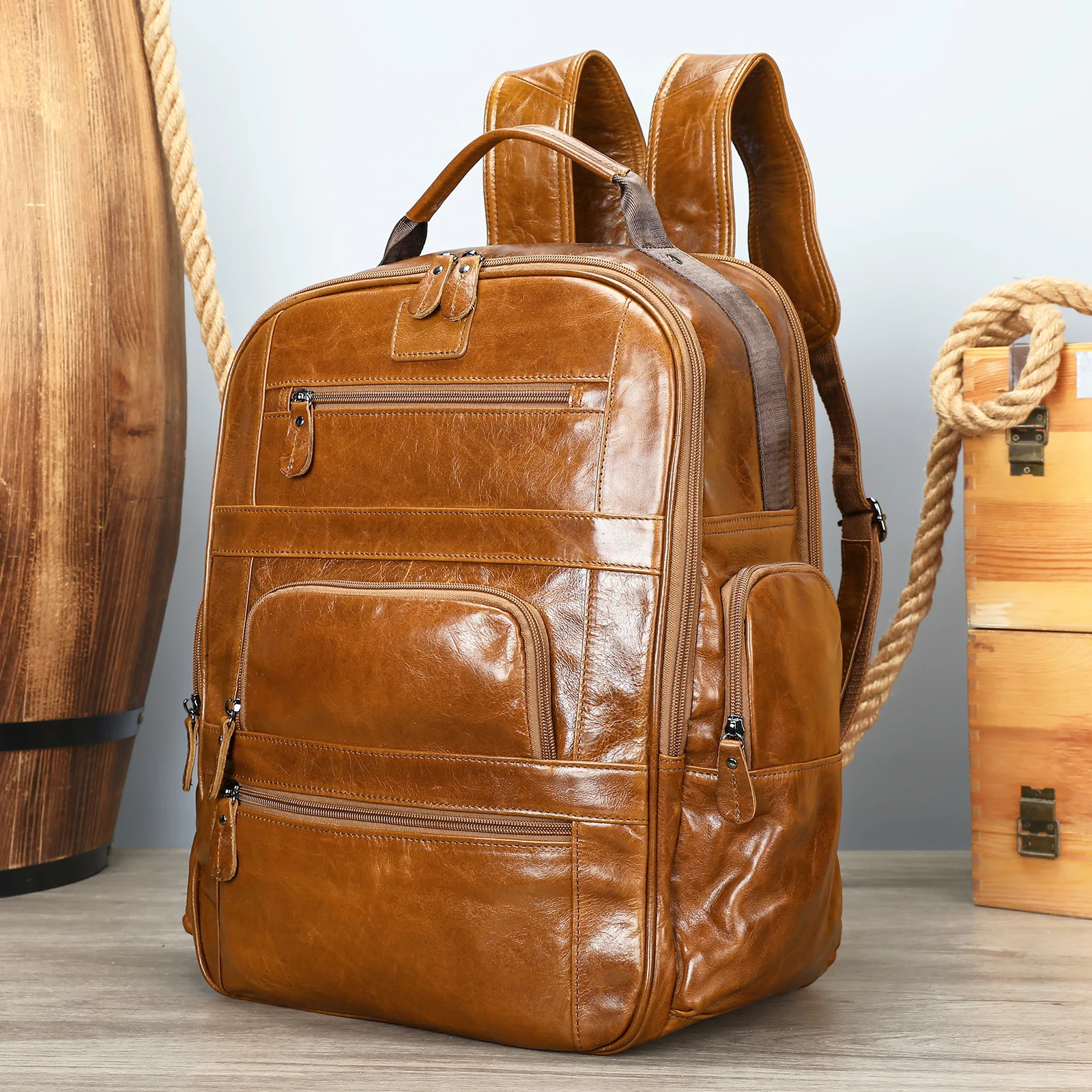 Mochila de Cuero Genuino para Hombre, Estilo Vintage, para Viajes de Negocios, Portátil, Casual, para Uso Diario