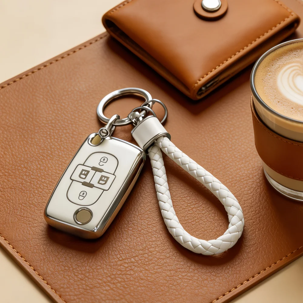 Key Fob Cover  with Car Keychain for Peugeot 807 1007 Citroen C8 Fiat Ulysse, only fit for the car key shown in the image.