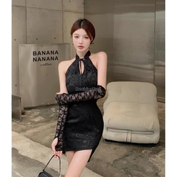 2025 chinese female vintage slimming elegant black cheongsam qipao new lace sexy package hip sleeveless cheongsam dress w473