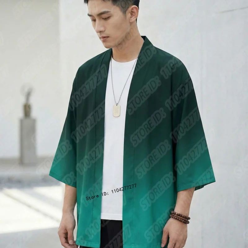 Men Retro Gradient Print Shirt Casual Loose Open Front Cardigan Lightweight Sun Protection Beach Kimono Cover Up Summer Tops