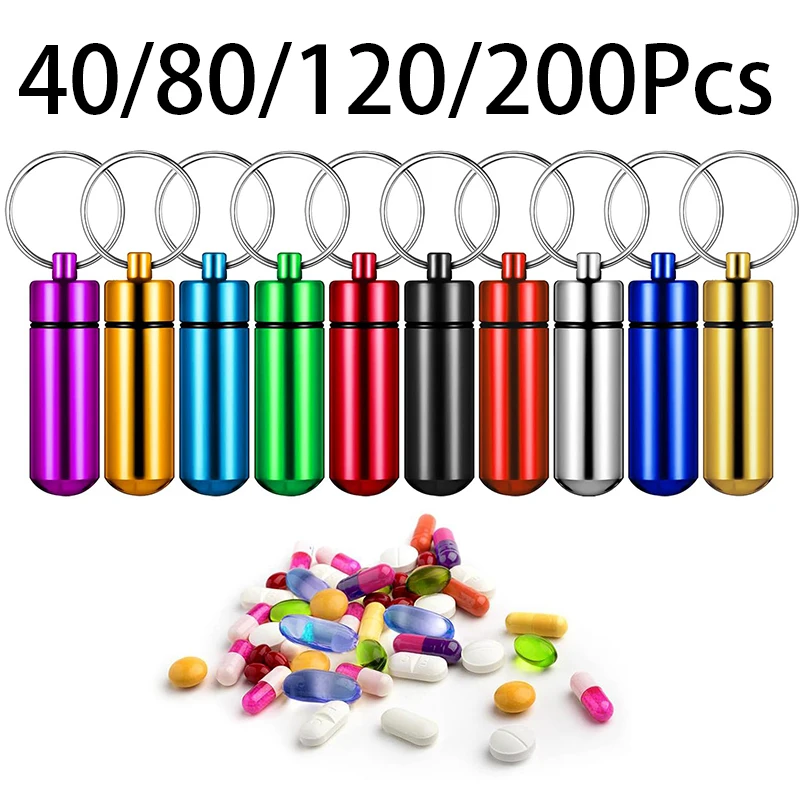 40-200Pcs Colorful Pill Box Case Waterproof Aluminum Pill Bottle Storage Container Keychain Outdoor Camping Portable Key Ring