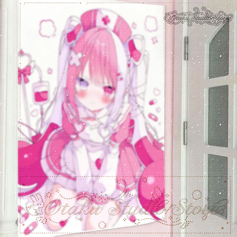 Sweet Pink Nurse Anime Girl Tapestry Medical Kawaii Aesthetic Wall Tapestryむっつり Pouty Nurse Character Tapestry Pill Bandage Hear