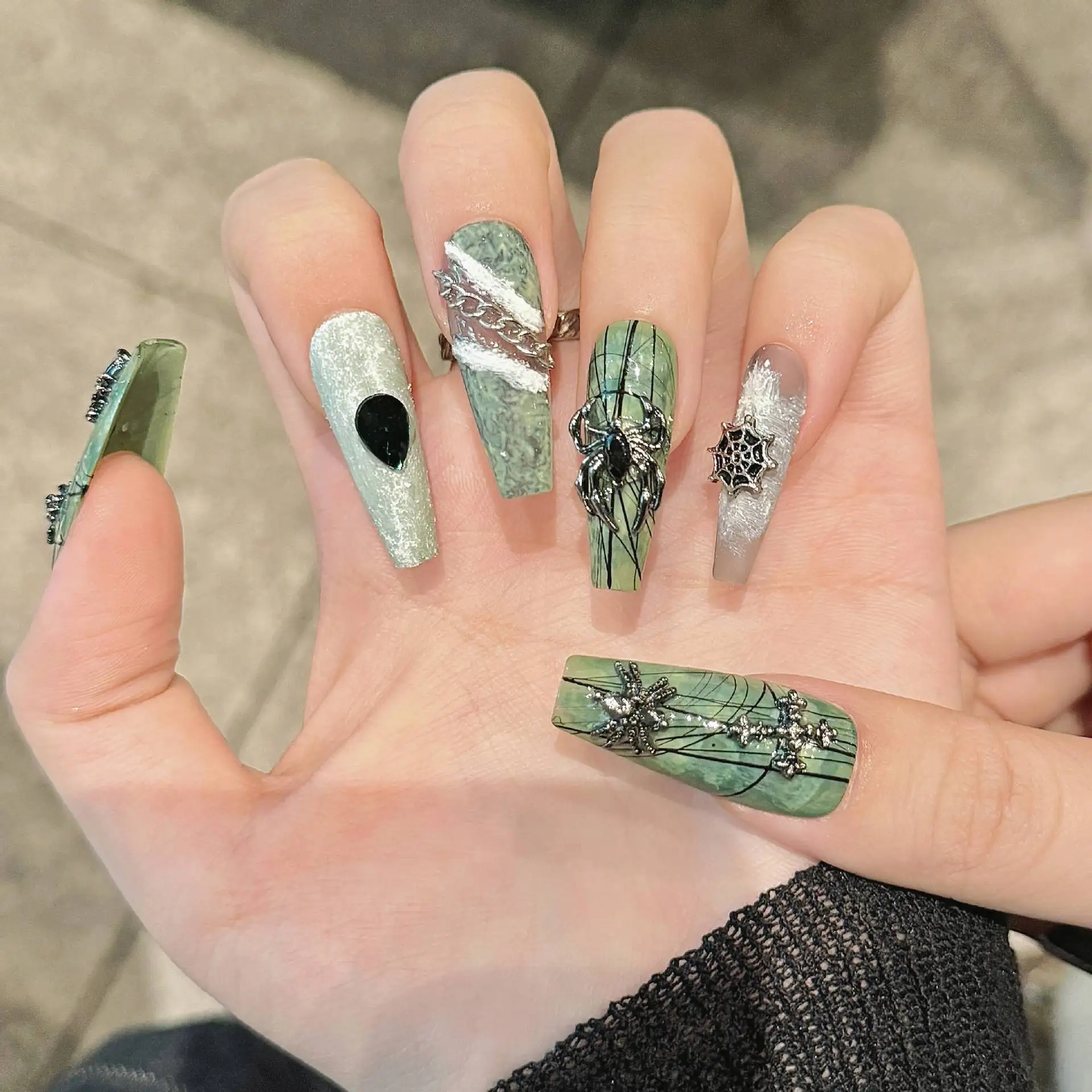 10pcs Handmade Press On Nails Dark Green Stereo Black Spider Web DesignsHollween Fake Nail Y2k Punk Style Long Coffin False Nail