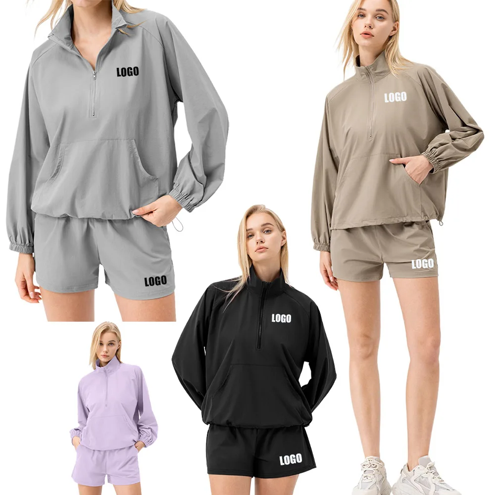 Custom LOGO Women's Spring/Autumn Sports Casual Loose Stand Neck Jacket Running Cycling Shorts Quick-Dry Fitness Two-Piece Set