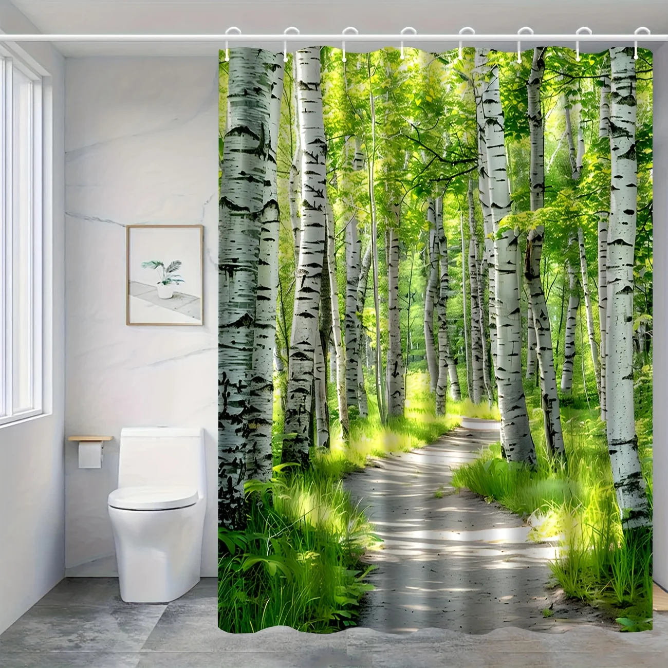 2D Flat, 2D Flat, 1pc Birch Trees Pattern Shower Curtain with Hooks, Washable Shower Curtain, Bathroom Divider, Bathroom Additio