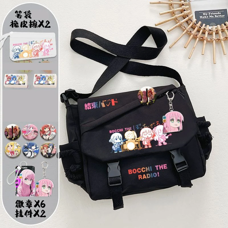 Bocchi The Rock Anime Messenger Crossbody Bags for School Girls, Black White, Student Kids and Teens, Initiated Bags for Boys